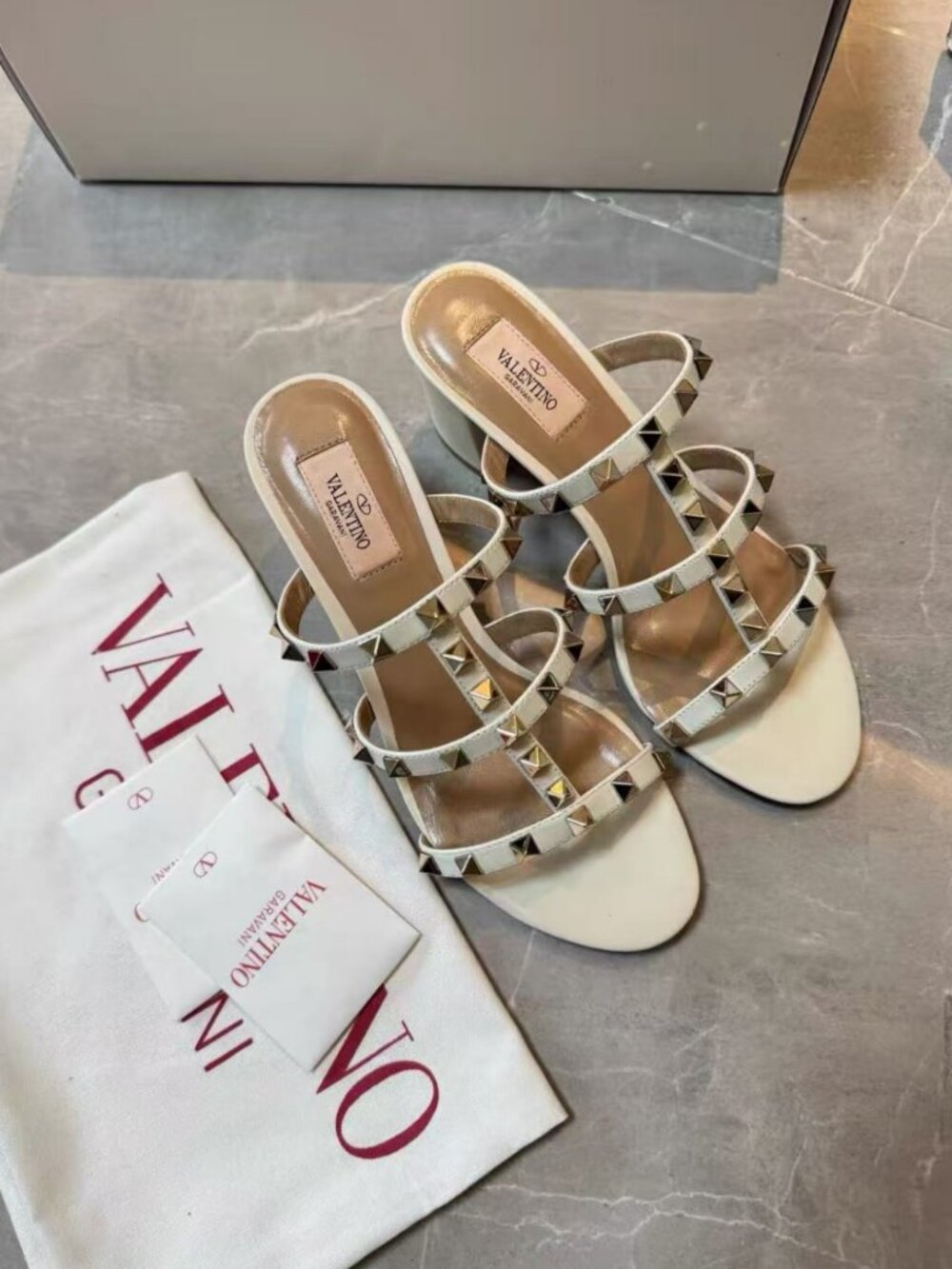 Valentino Open‑Toe Rock‑Stud Strappy White Leather Chunky‑Heel Mule Slides